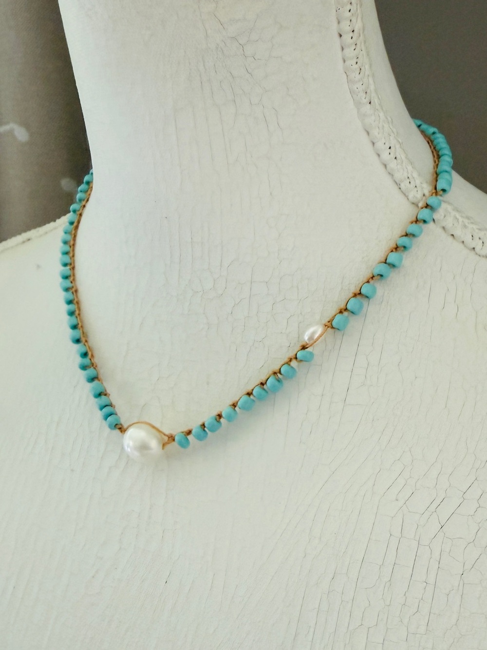 Crochet Turquoise Bead and Pearl Accent Women's Necklace - Picture 2 of 4